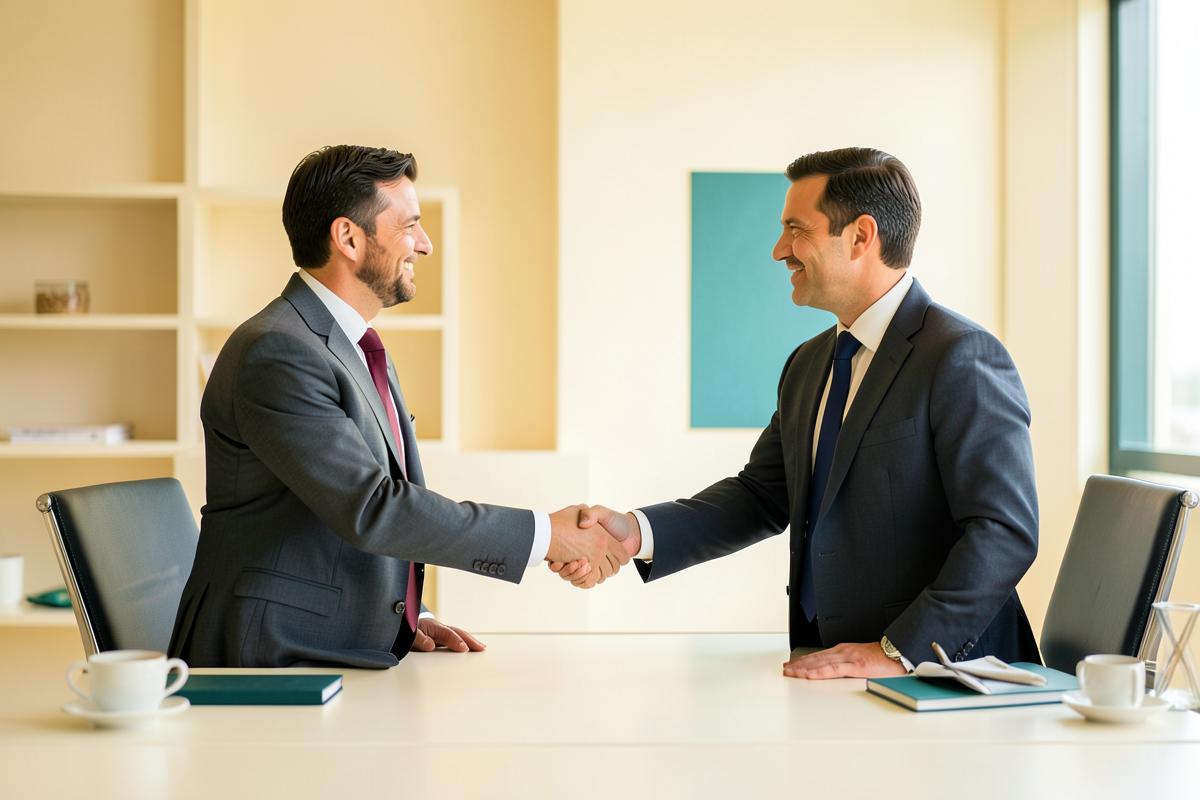 Two advisors shaking hands across a desk in a bright office