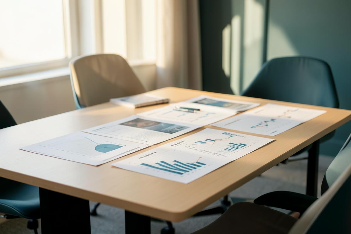 Boardroom table with printed financial charts in warm daylight