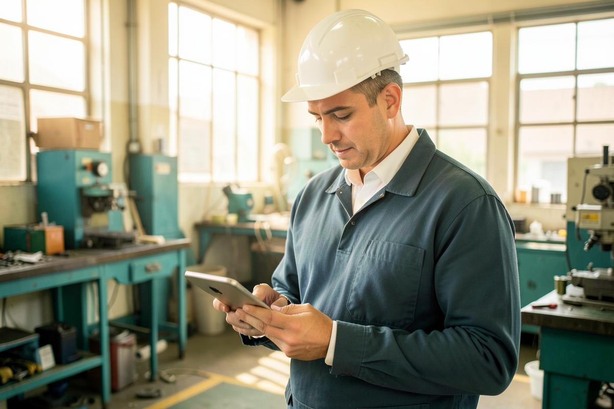 Workshop owner reviewing figures on a tablet on the factory floor