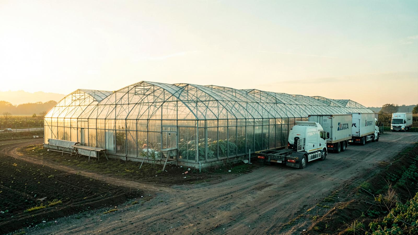 Greenhouse and logistics trucks at dawn