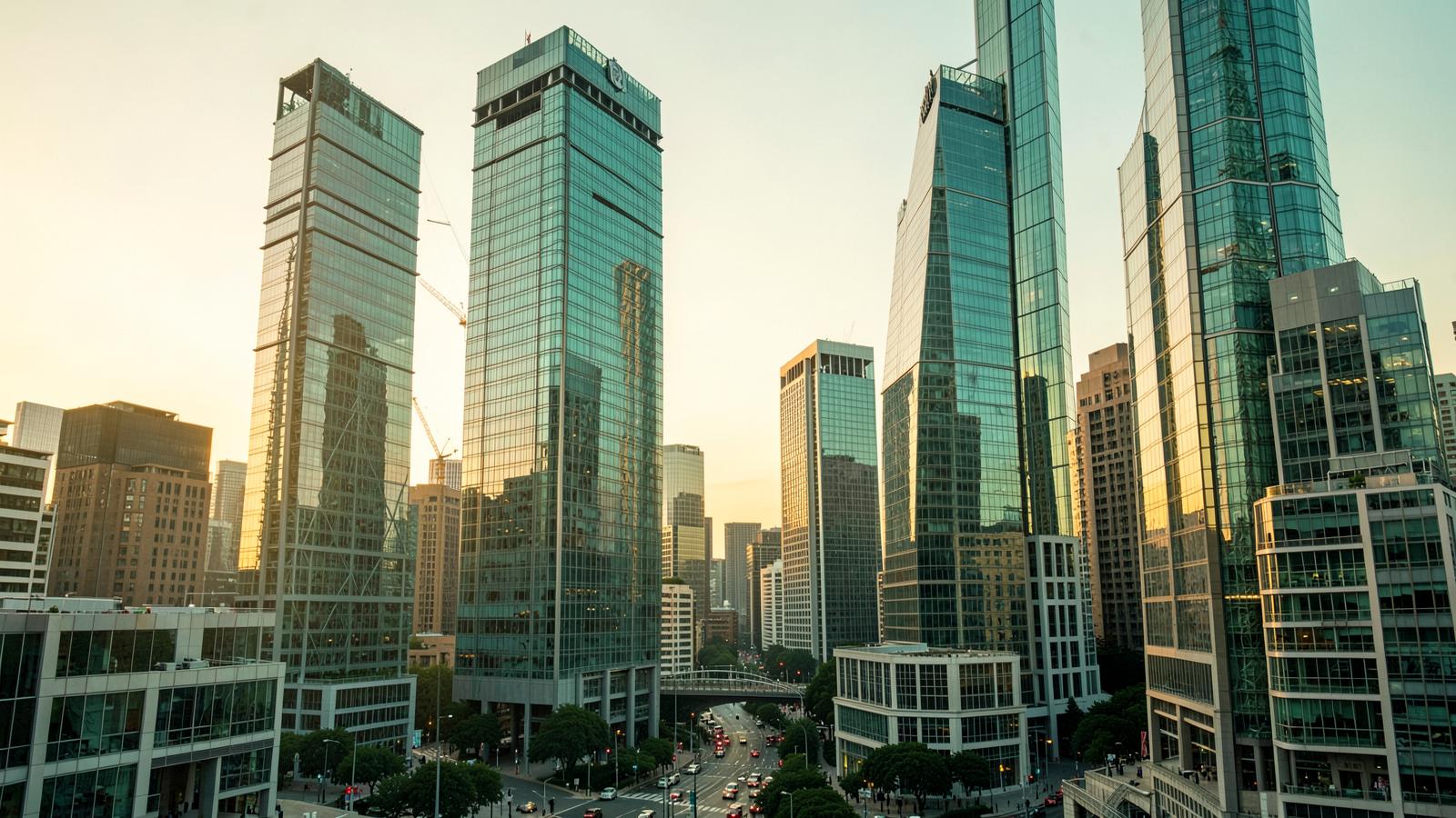 City business district at golden hour