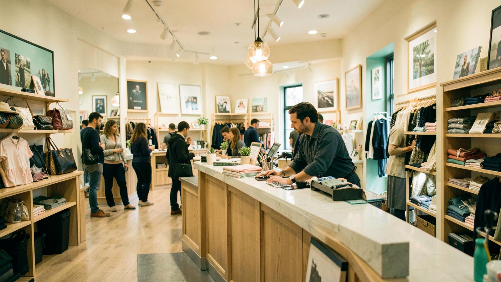 Retail shop interior with the owner at the counter